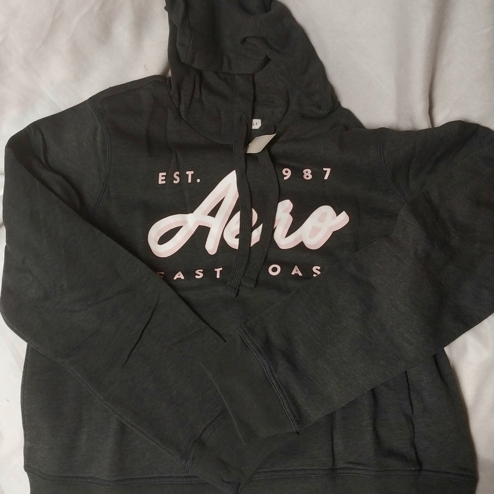 Aeropostale Black Pullover  Hoodie with White/Pink Logo Size L NWT